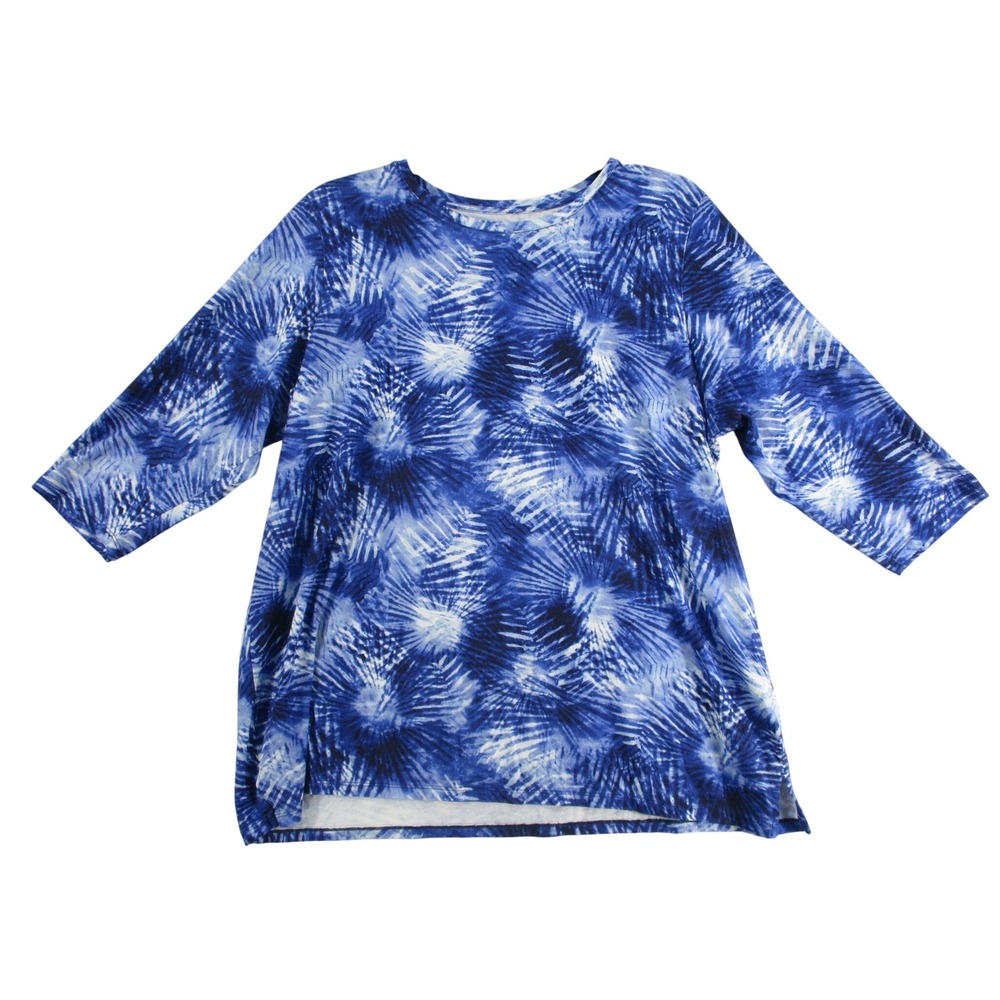 Womens Blue White Tie Dye Sunburst Print 3/4 Sleeve Crew Neck Top Plus Size 2X